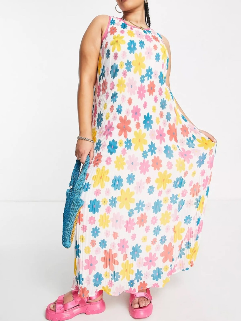 Native Youth Multicolor Daisy Print Sleeveless Pleated Maxi Swing Dress Size 28